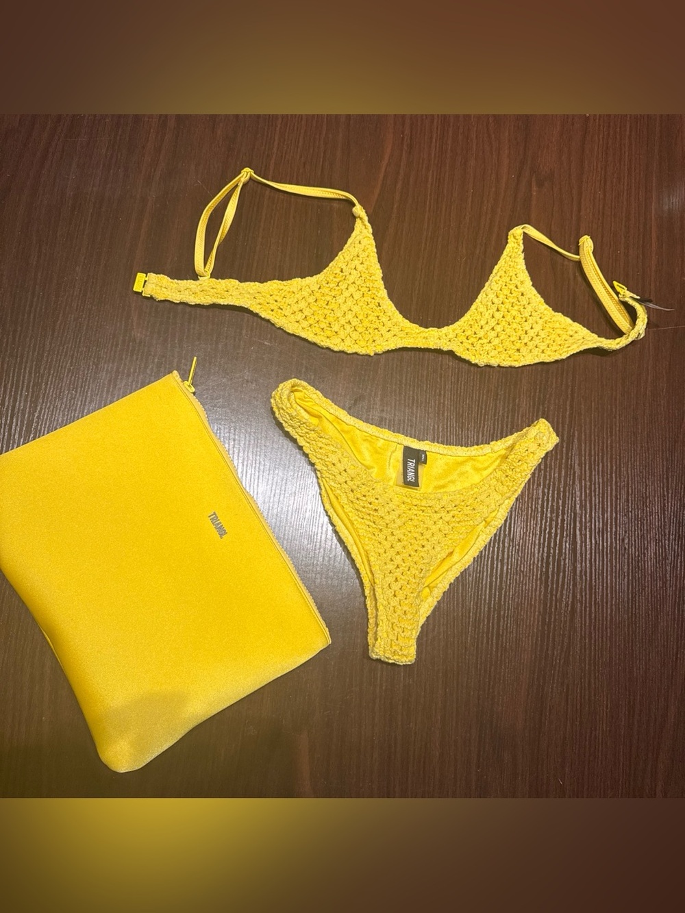 TRIANGL Yellow Crochet Bikini Set with Matching Pouch